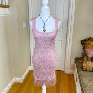 Jump Apparel Dress Y2K Pink Metallic Knit Deep Square Neck Fringe Hem (7/8)